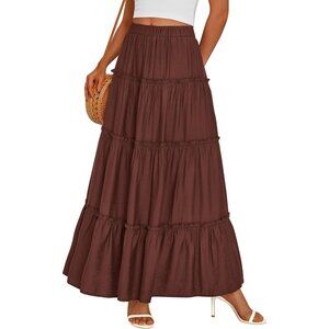 Women's Brown Boho Long Flowy A Line Tiered Beach Vacation Clothes Maxi Skirt